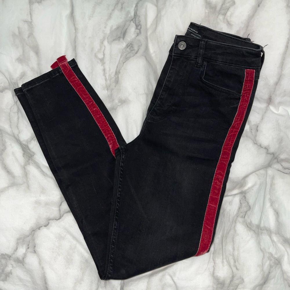 Zara Black Jean with Red Velvet Stripe. Size US 4/EUR 36. Excellent condition